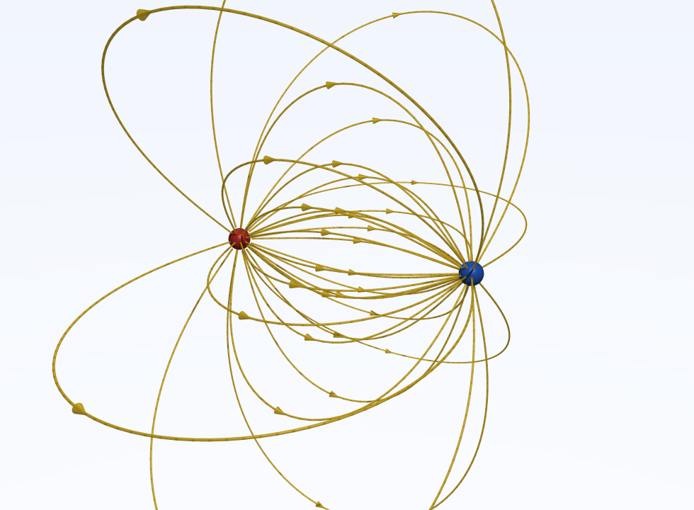Field lines of an electric dipole: they stream out of the positive charge and converge into the negative charge, each line carrying arrows that show its direction (from + to -).