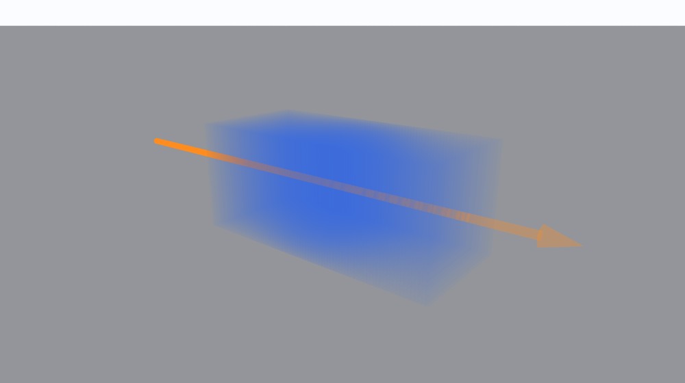 A 3D figure replacing the three discrete layers with a single continuous medium of attenuation coefficient f. The X-ray attenuates continuously (exponentially) as it advances through the medium, with the incident intensity I0 becoming I = I0 exp(-integral of f dl).