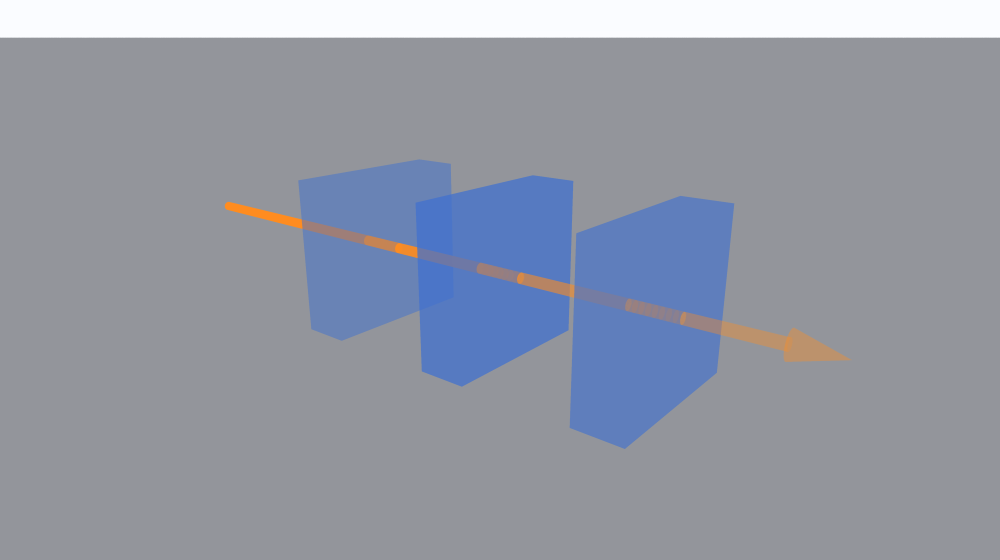 A 3D figure of an X-ray passing from left to right through three semi-transparent layers of different transmittance (0.7, 0.5, 0.6 from the left), dimming at each layer until it finally becomes 0.21 times the original intensity