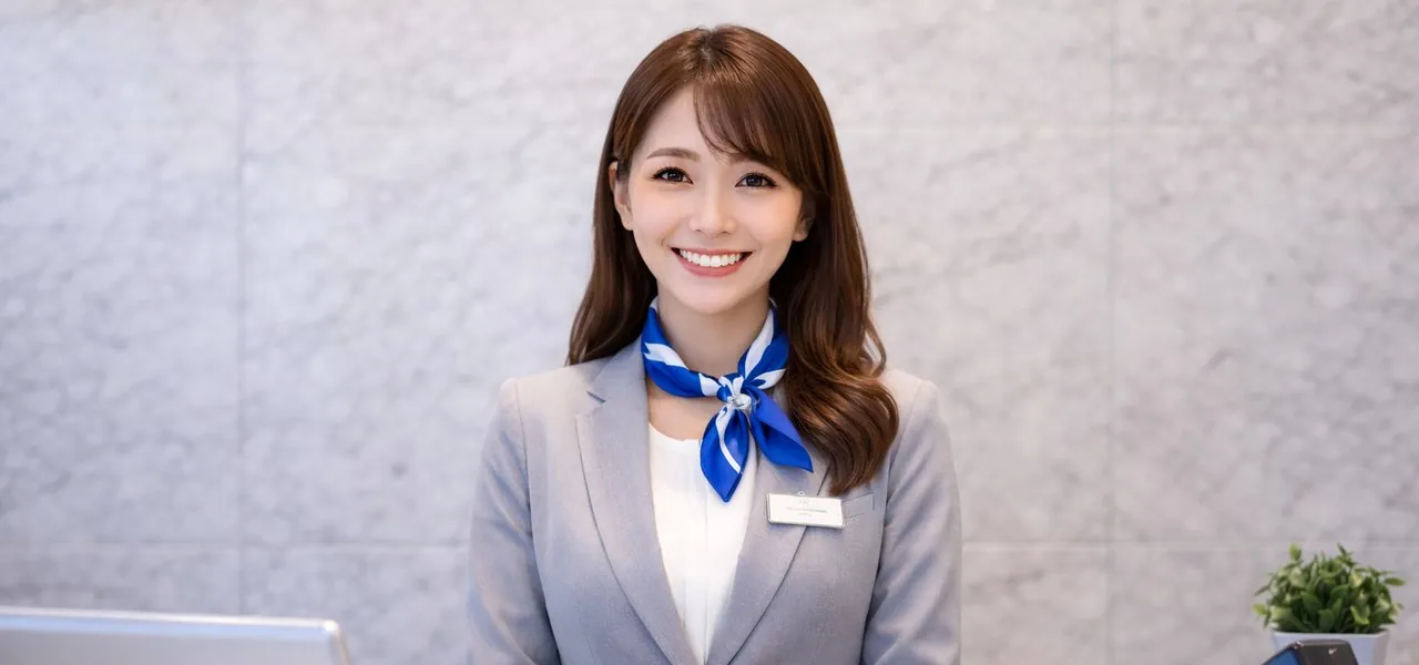 企業の受付で笑顔でお迎えするスタッフ