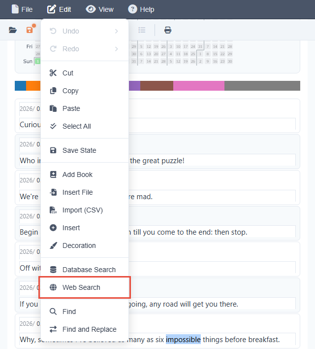 The Edit menu opened, with the Web Search item outlined in red