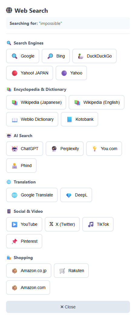 The Web Search window showing the selected word and the available services grouped by category